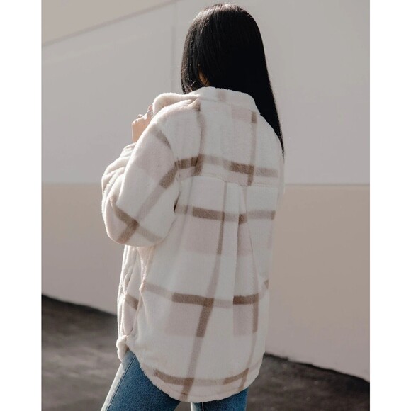 DIXXON Flannel Womens Dusty Rose Cream Brown Pink Long Sherpa Fleece Shacket - Picture 4 of 6